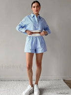 Sexy Stripe Shirt Shorts Two Piece Set Blue / S