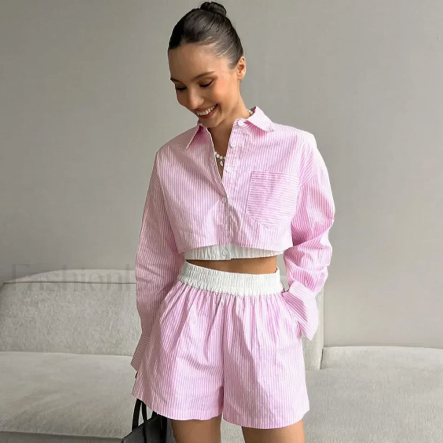 Sexy Stripe Shirt Shorts Two Piece Set Pink / S