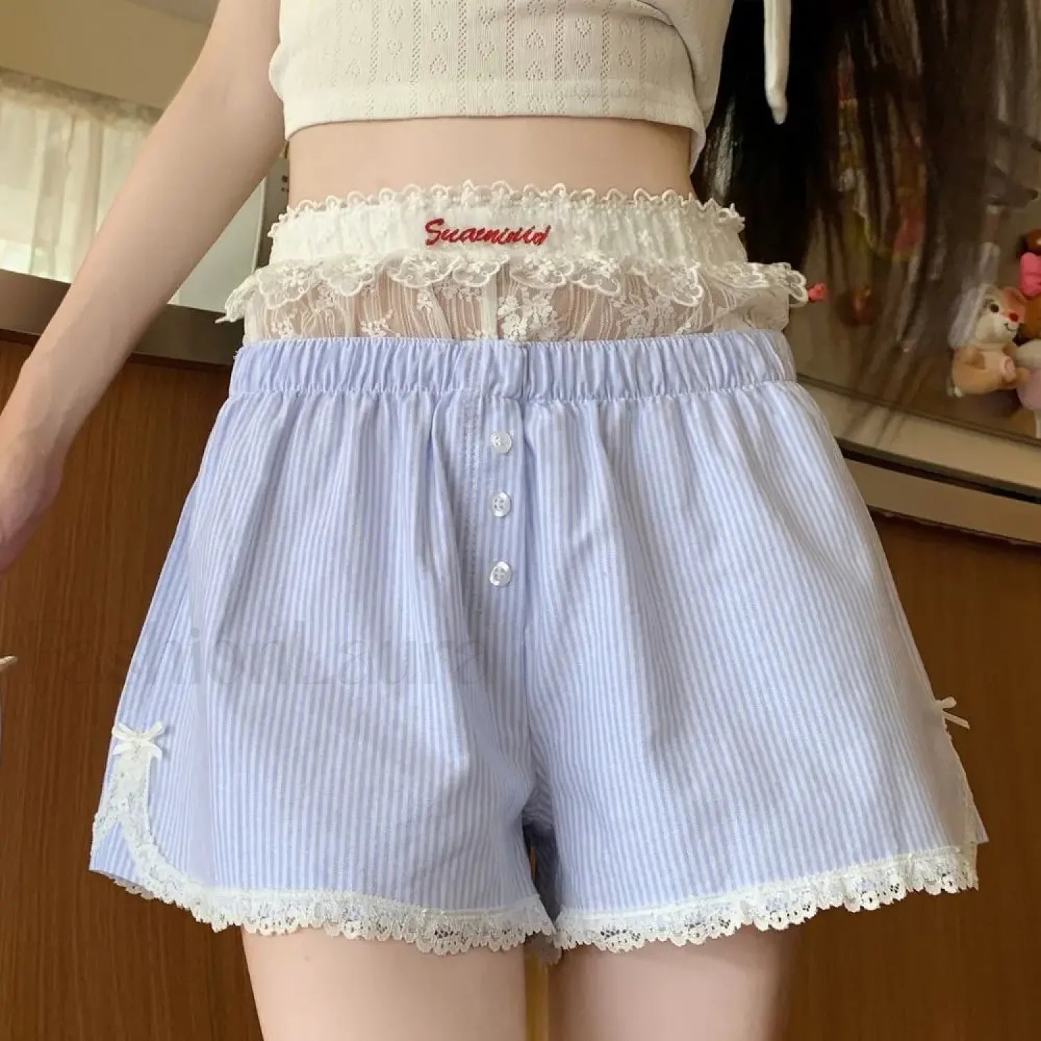 Sexy Striped Embroidered Lace Button Elastic Waist Short Main image