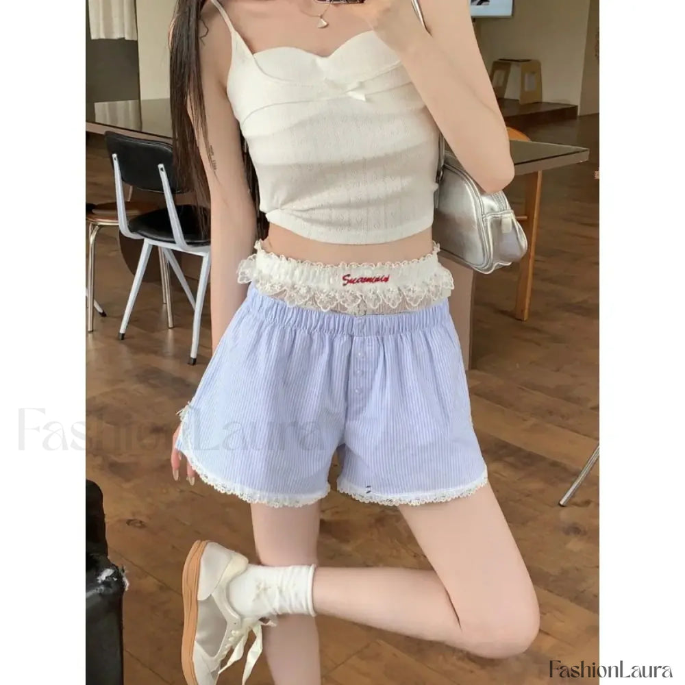 Sexy Striped Embroidered Lace Button Elastic Waist Short
