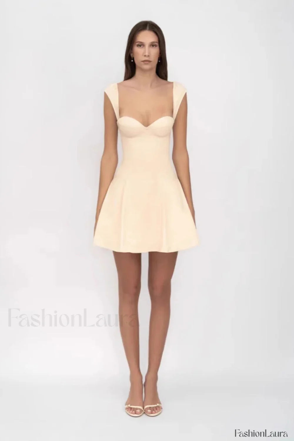 Sexy Tube Top Drawstring Waist A Line Mesh Mini Dress Beige / S