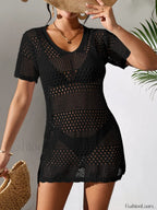 Sexy V Neck Hollow Knit Cover Up Black / S