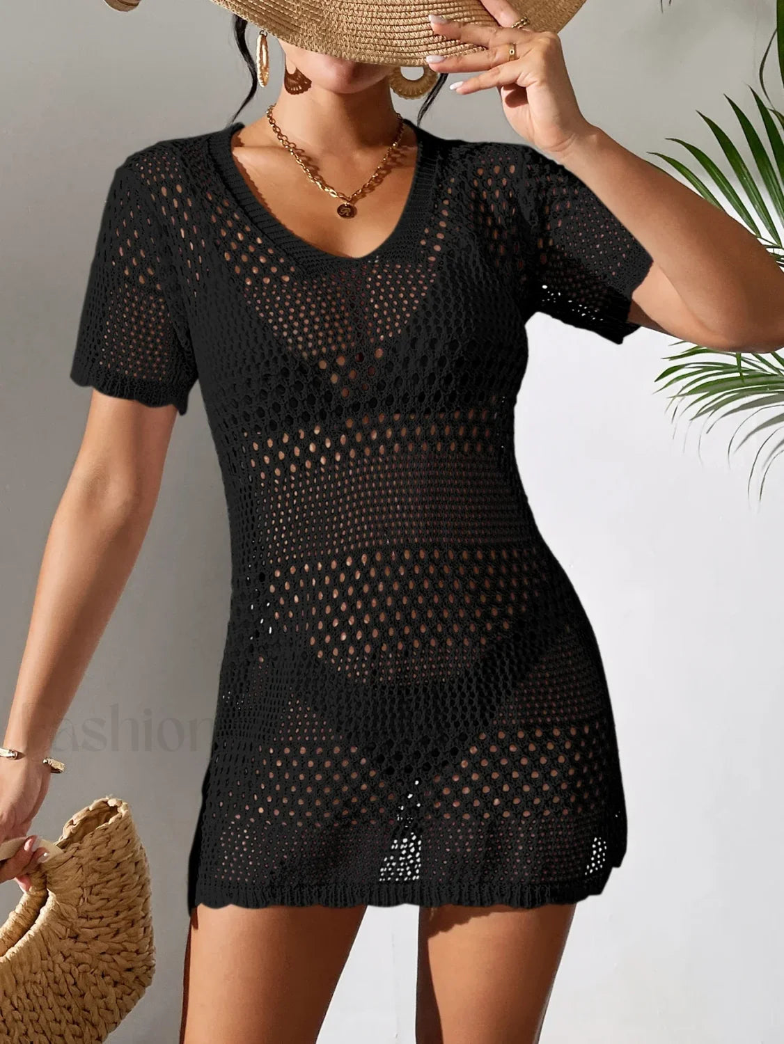 Sexy V Neck Hollow Knit Cover Up Black / S