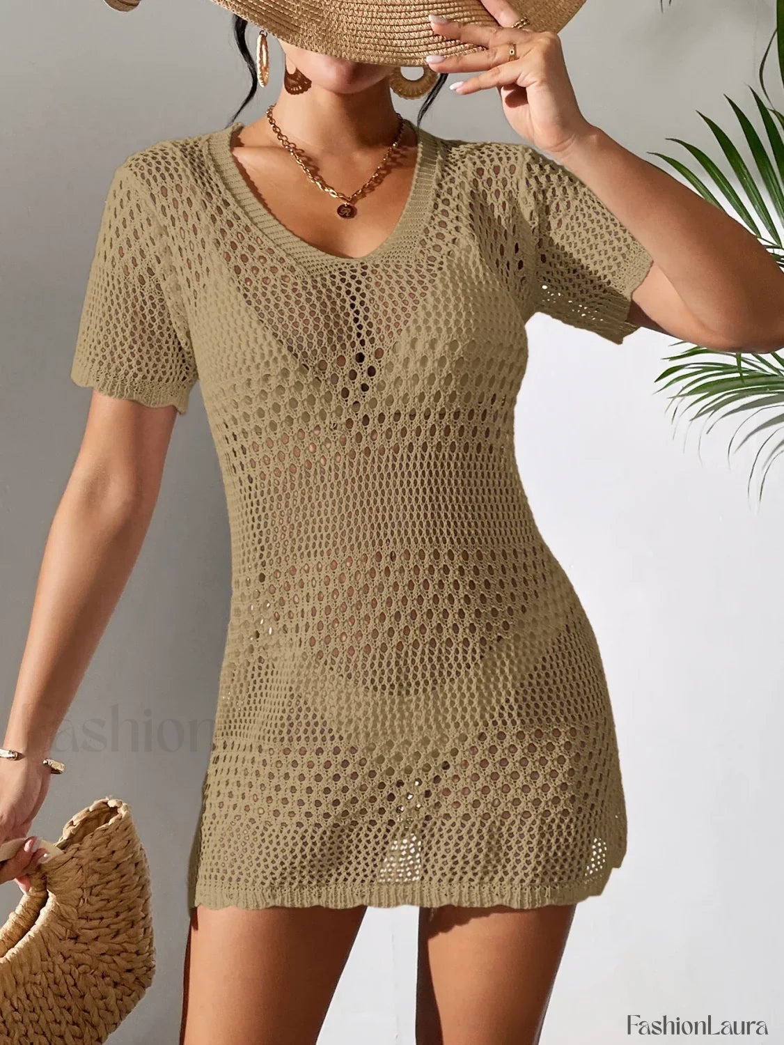 Sexy V Neck Hollow Knit Cover Up Khaki / S