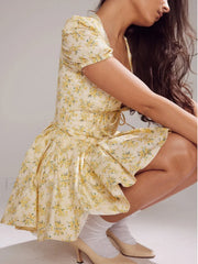 Sexy V Neck Puff Sleeve Tulle Floral Dress