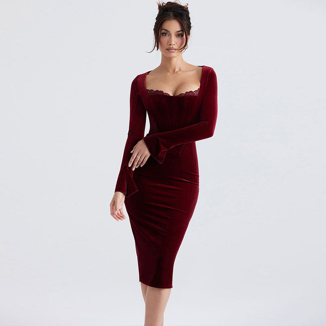 Velvet Long Sleeve Lace Trim Mesh Panel Corset Bodycon Midi Dress Burgundy S / Burgundy Velvet Dresses Main image