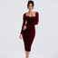 Velvet Long Sleeve Lace Trim Mesh Panel Corset Bodycon Midi Dress Burgundy S / Burgundy Velvet Dresses