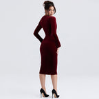 Velvet Long Sleeve Lace Trim Mesh Panel Corset Bodycon Midi Dress Burgundy L / Burgundy Velvet Dresses