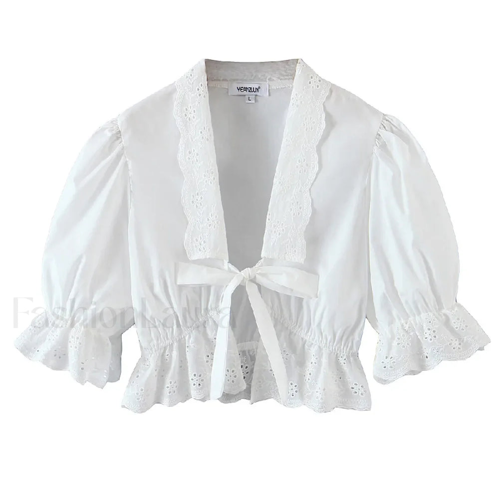Sexy White Flower Sleeve Cropped Bow Tops Blouse WHITE / S