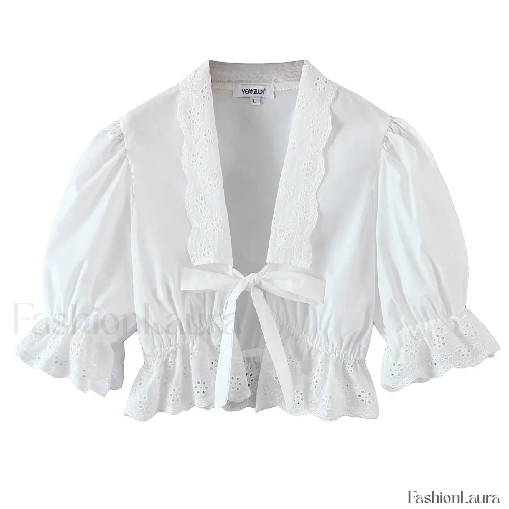 Sexy White Flower Sleeve Cropped Bow Tops Blouse WHITE / S