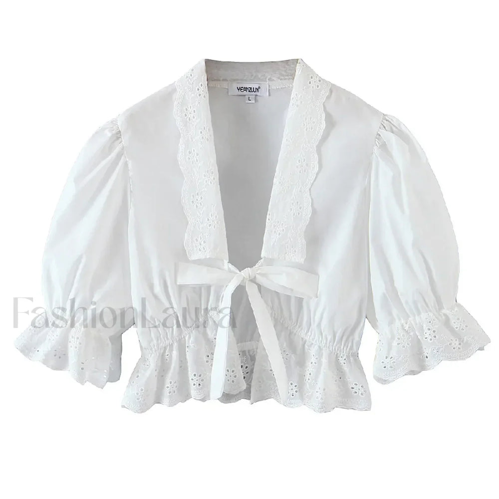Sexy White Flower Sleeve Cropped Bow Tops Blouse WHITE / S