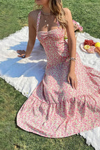 Sexy Wind Neck Sleeveless High Waist Backless A Line Floral Dress