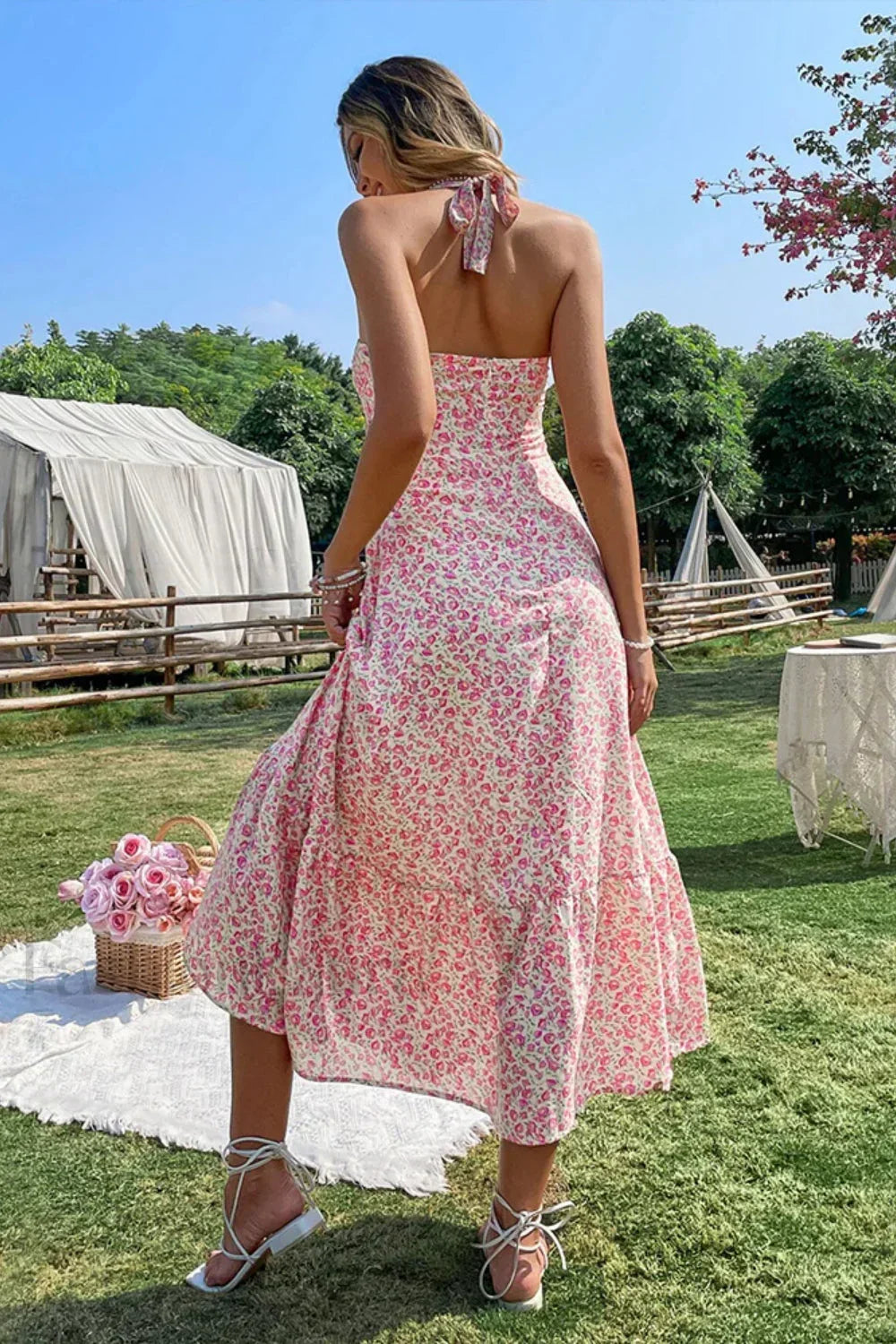 Sexy Wind Neck Sleeveless High Waist Backless A Line Floral Dress