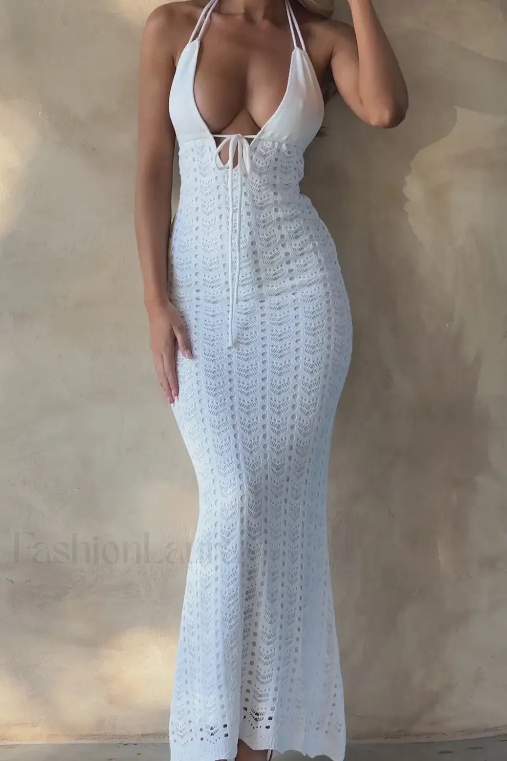 Sexy Women Summer Knitted Sleeveless Halter Neck Crochet Hollow Tie Up Party Maxi Bodycon Beach Holiday Lace Dress