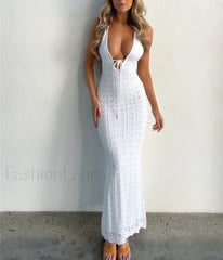 Sexy Women Summer Knitted Sleeveless Halter Neck Crochet Hollow Tie Up Party Maxi Bodycon Beach Holiday Lace Dress
