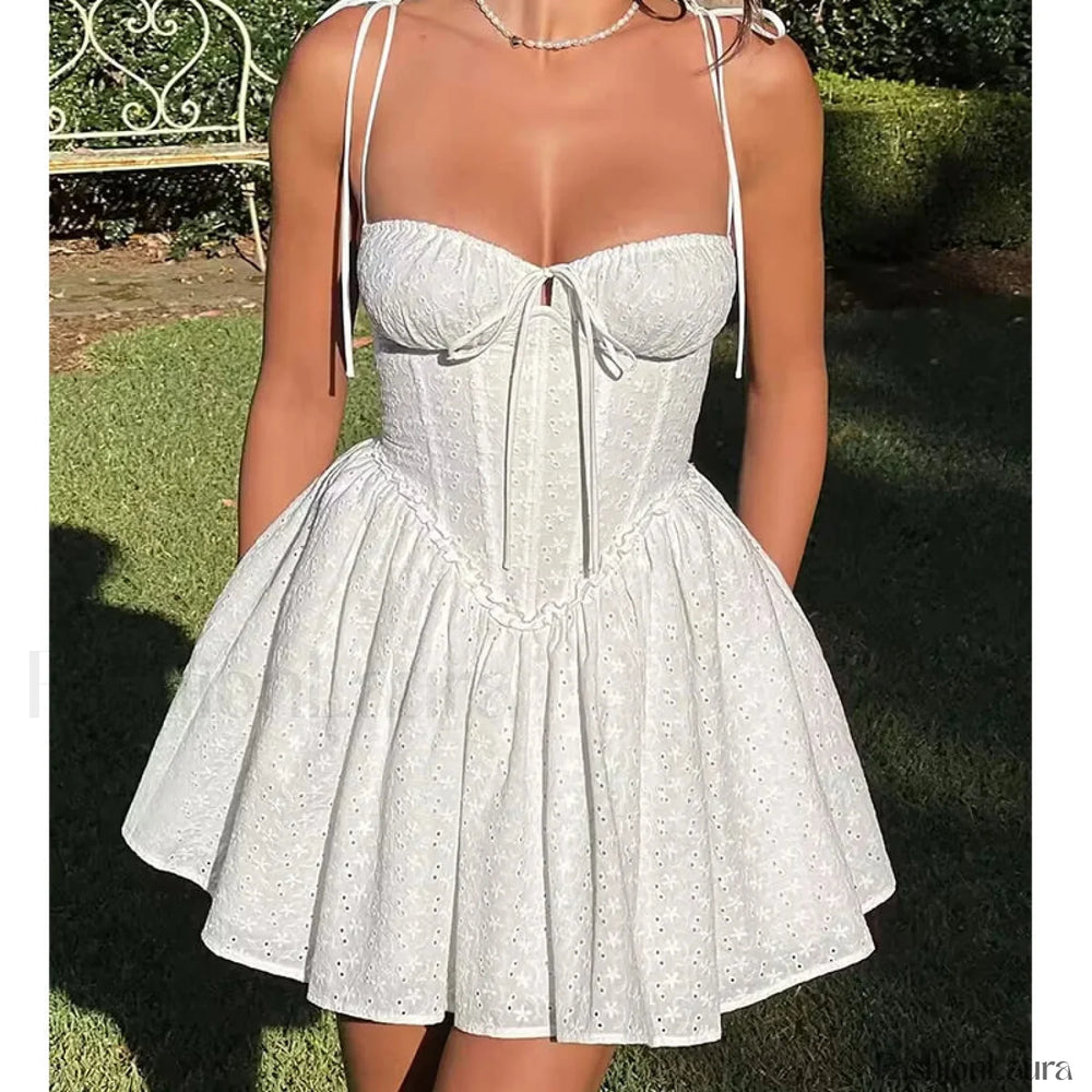 Sexy Yellow Hollow Out Embroidery Mini Dress Sling Floral Dress WHITE / S