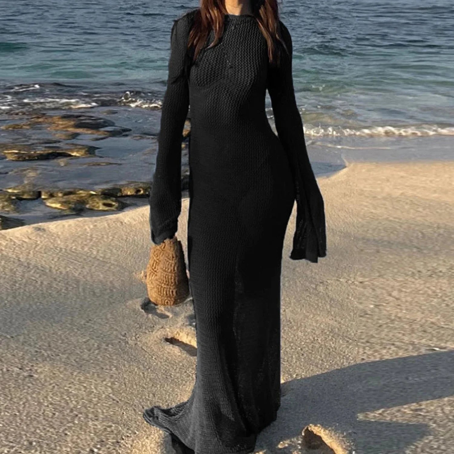 Sheer Backless Long Sleeve Cover Up Black / S