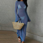 Sheer Backless Long Sleeve Cover Up Blue / S