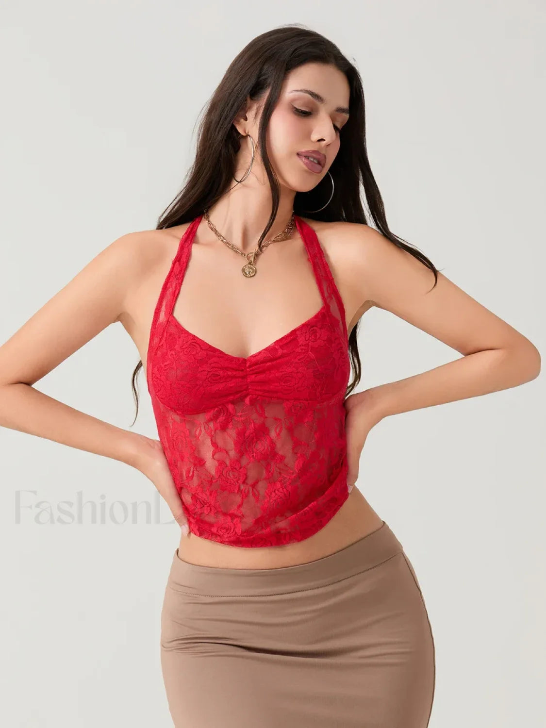 Sheer Floral Halter Crop Top RED / S Main image