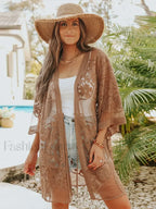 Sheer Lace Kimono Short Cover Up Khaki / One Size