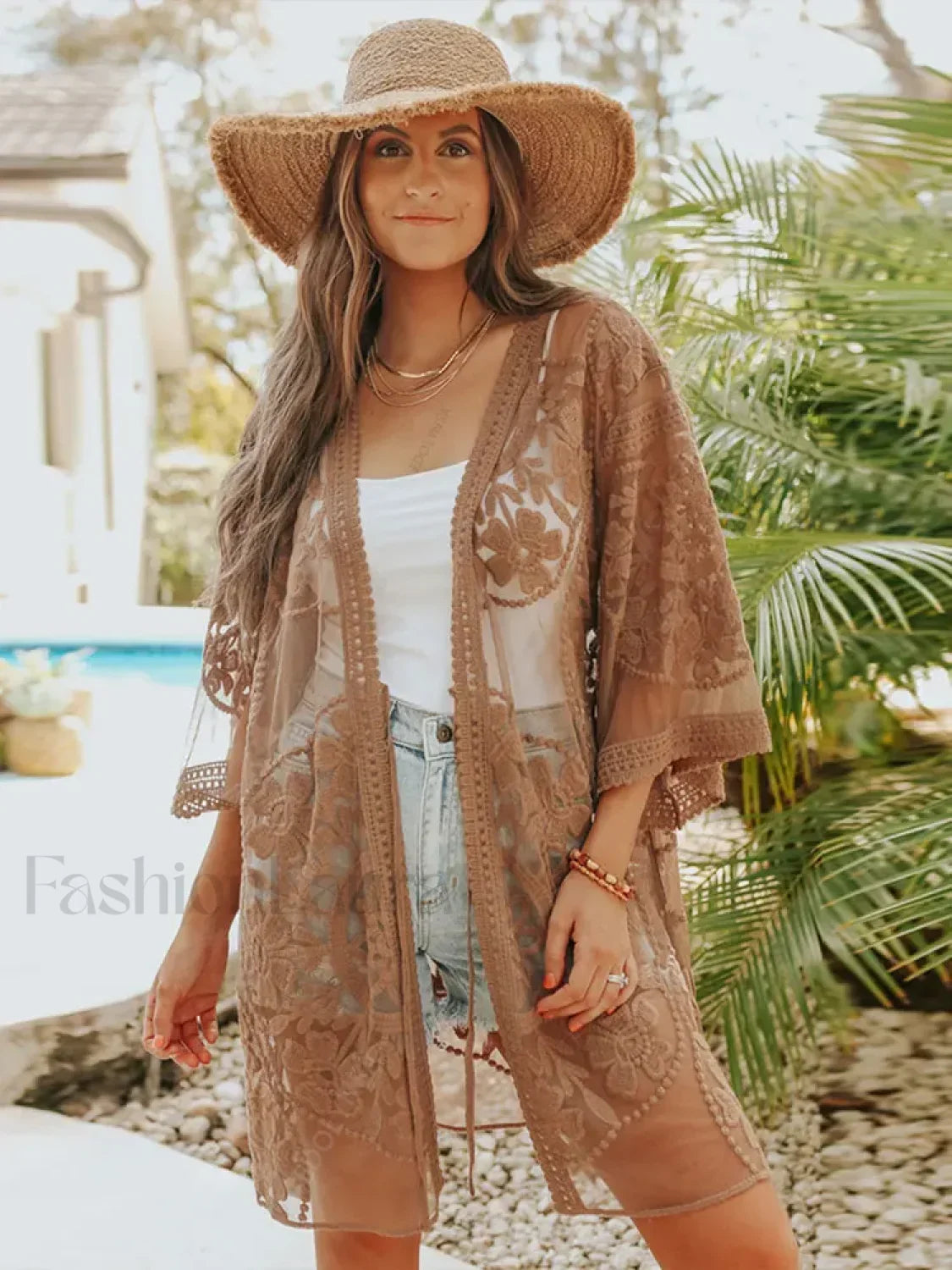 Sheer Lace Kimono Short Cover Up Khaki / One Size