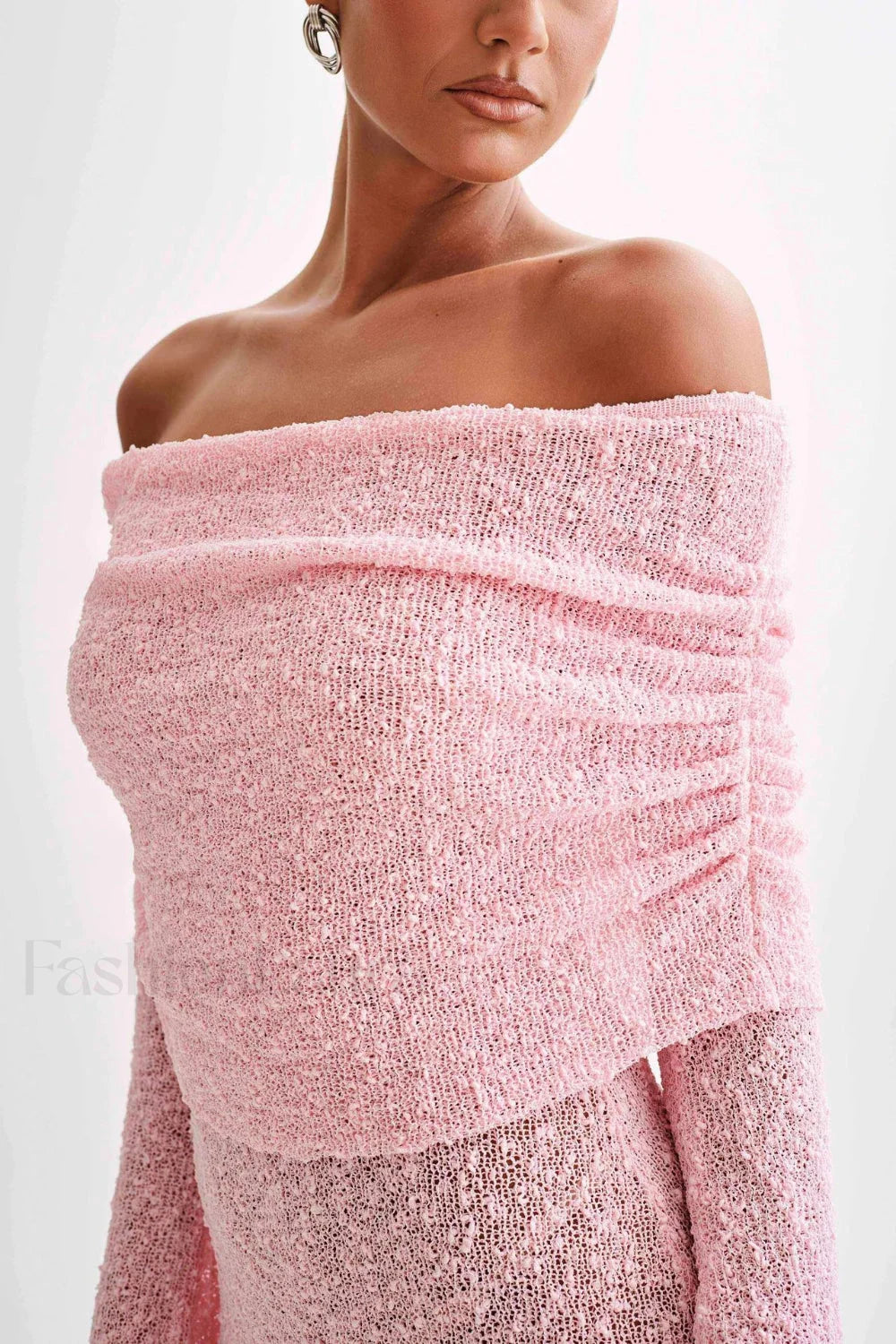 Sheer Long Sleeve Off Shoulder Knit Work Dress