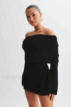 Sheer Long Sleeve Off Shoulder Knit Work Dress