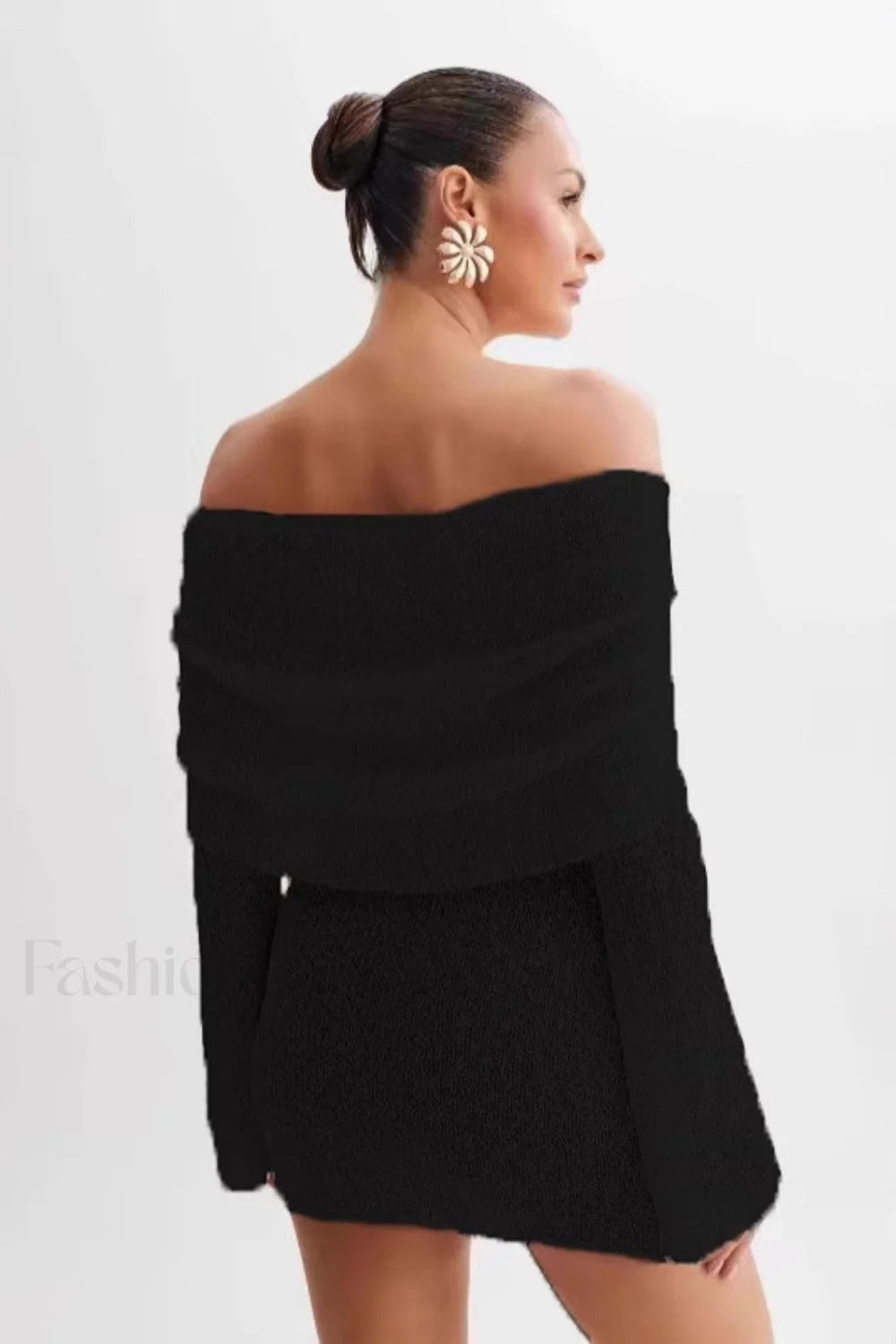 Sheer Long Sleeve Off Shoulder Knit Work Dress