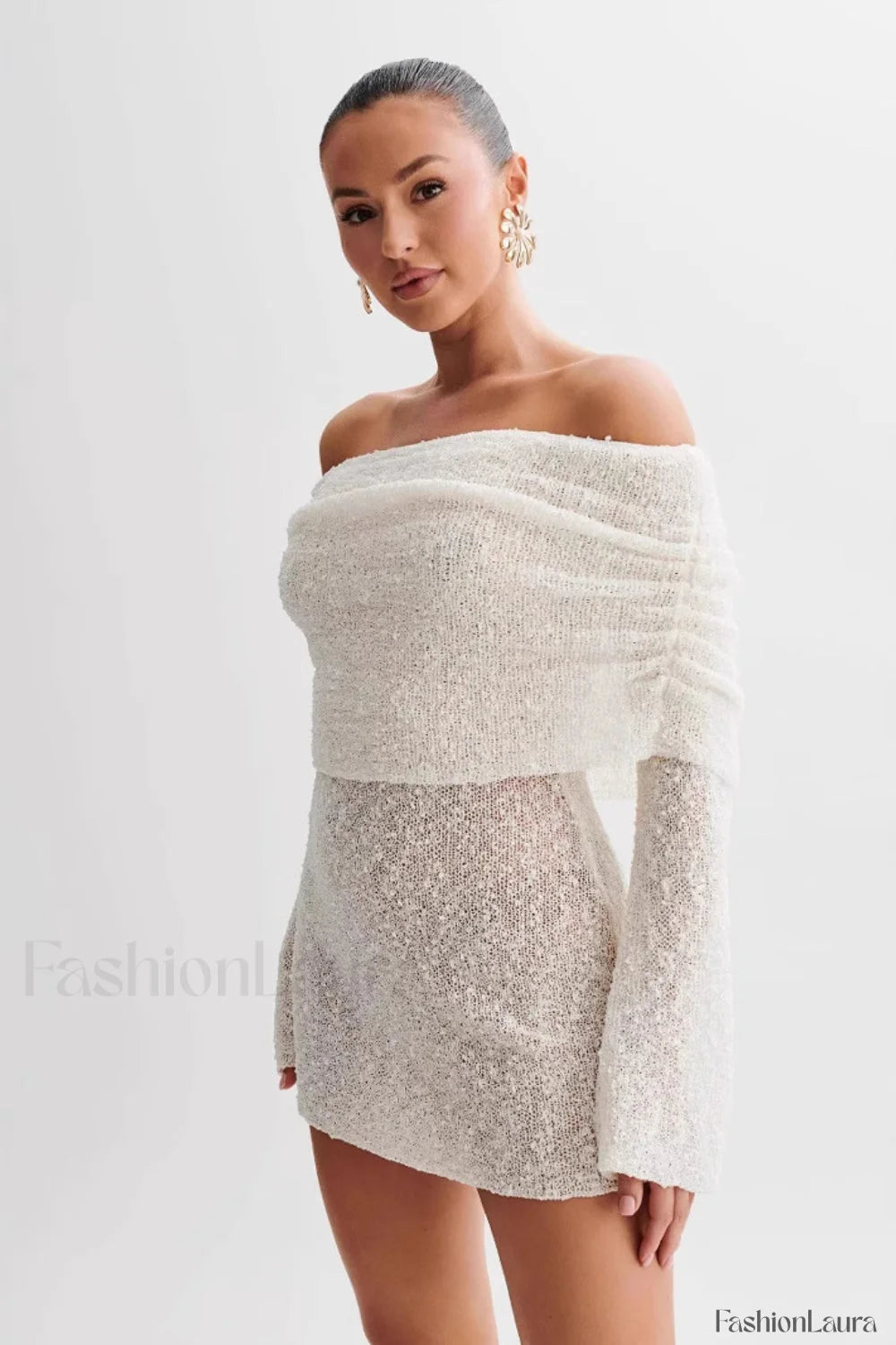 Sheer Long Sleeve Off Shoulder Knit Work Dress
