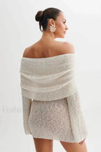 Sheer Long Sleeve Off Shoulder Knit Work Dress