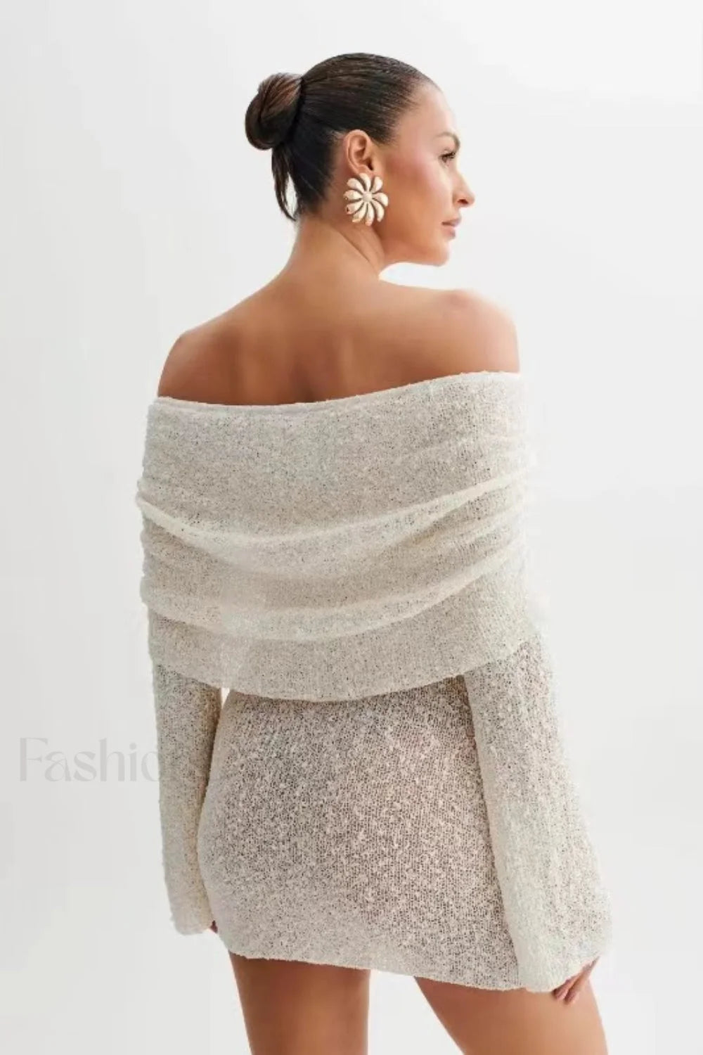 Sheer Long Sleeve Off Shoulder Knit Work Dress