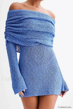 Sheer Long Sleeve Off Shoulder Knit Work Dress Blue / S