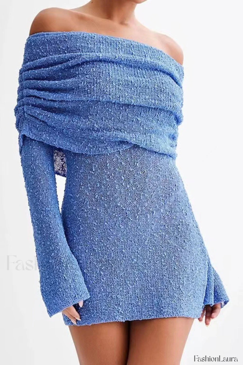 Sheer Long Sleeve Off Shoulder Knit Work Dress Blue / S