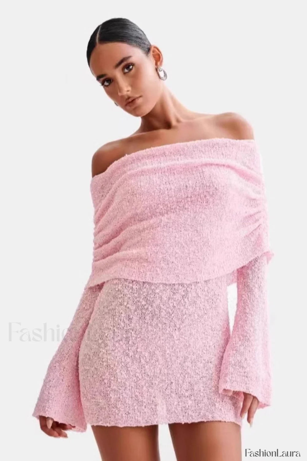 Sheer Long Sleeve Off Shoulder Knit Work Dress Pink / S