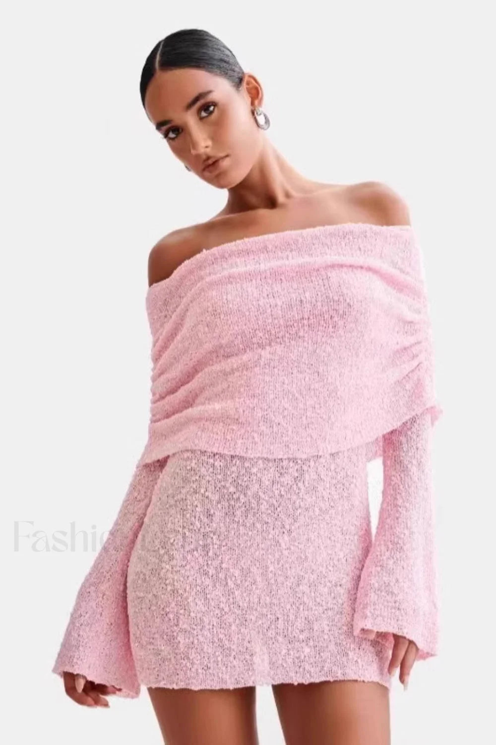 Sheer Long Sleeve Off Shoulder Knit Work Dress Pink / S