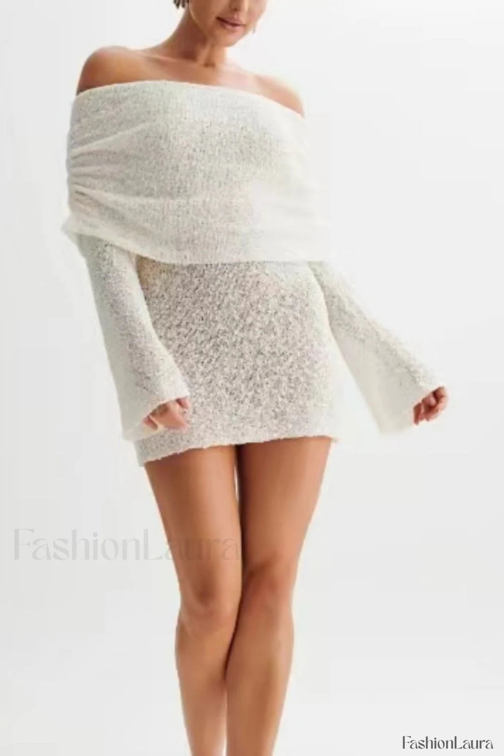 Sheer Long Sleeve Off Shoulder Knit Work Dress White / S