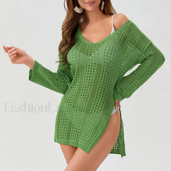 Sheer Long Sleeve Swimsuit Cover Up Green / S