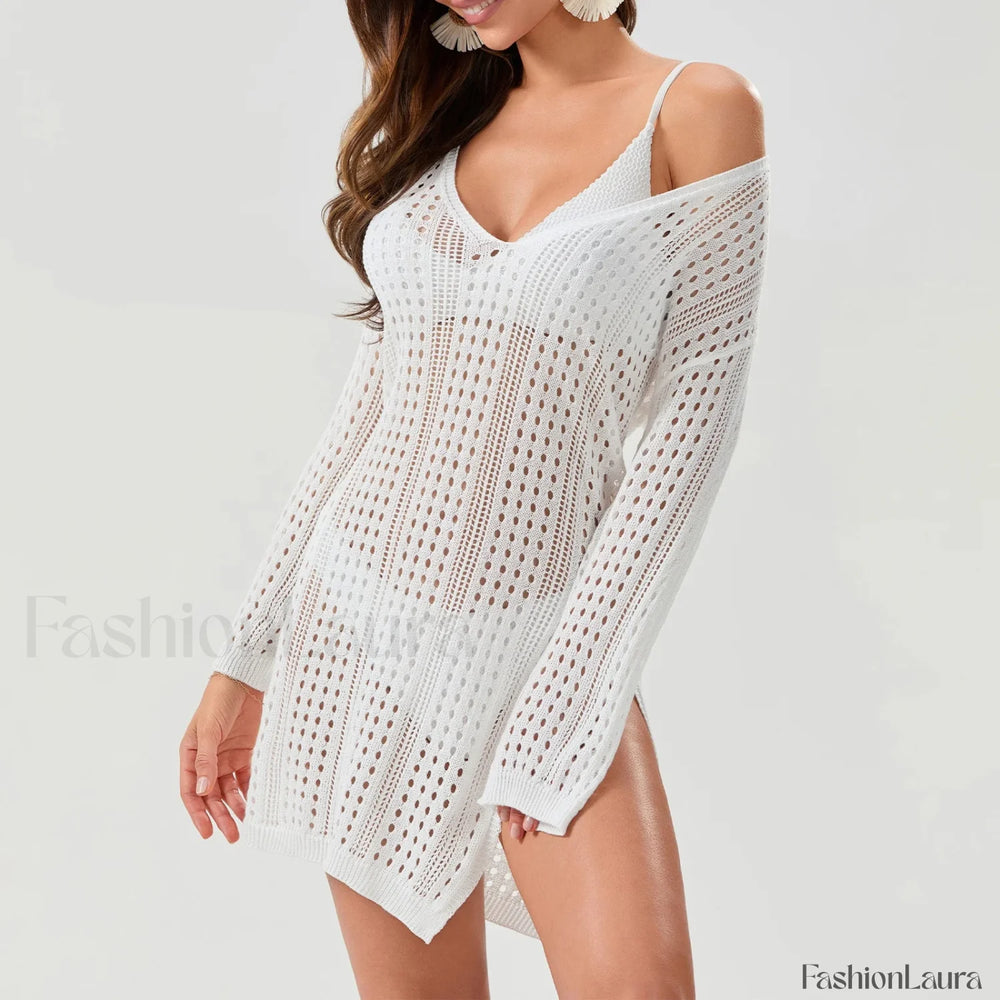 Sheer Long Sleeve Swimsuit Cover Up WHITE / S