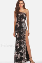 Shining Sequin Highly Charming Split Maxi Dress S / Black