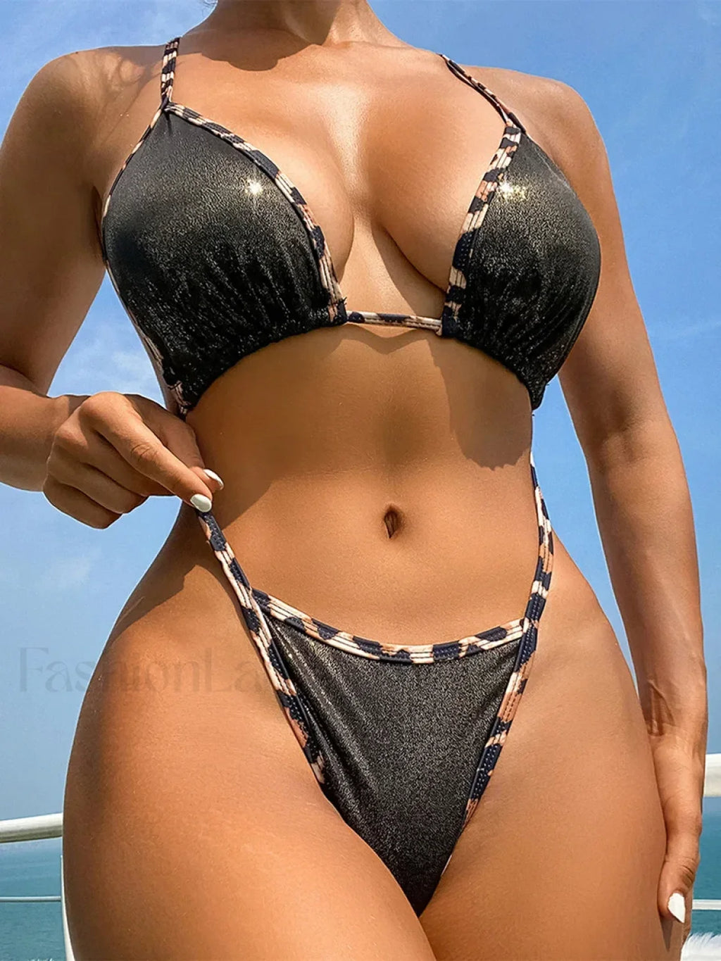 Shiny Splicing Cross Leopard One Piece BlackGolden / S