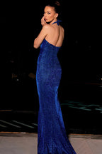 Shiny V Neck Split Hem Slim Fit Maxi Dress