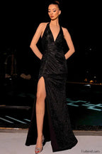 Shiny V Neck Split Hem Slim Fit Maxi Dress Black / S