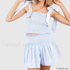 Shirred Tie Shoulder Crop Cami Elastic Waist Shorts Two Piece Set Blue / S