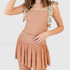 Shirred Tie Shoulder Crop Cami Elastic Waist Shorts Two Piece Set khaki / S