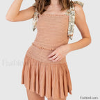 Shirred Tie Shoulder Crop Cami Elastic Waist Shorts Two Piece Set khaki / S