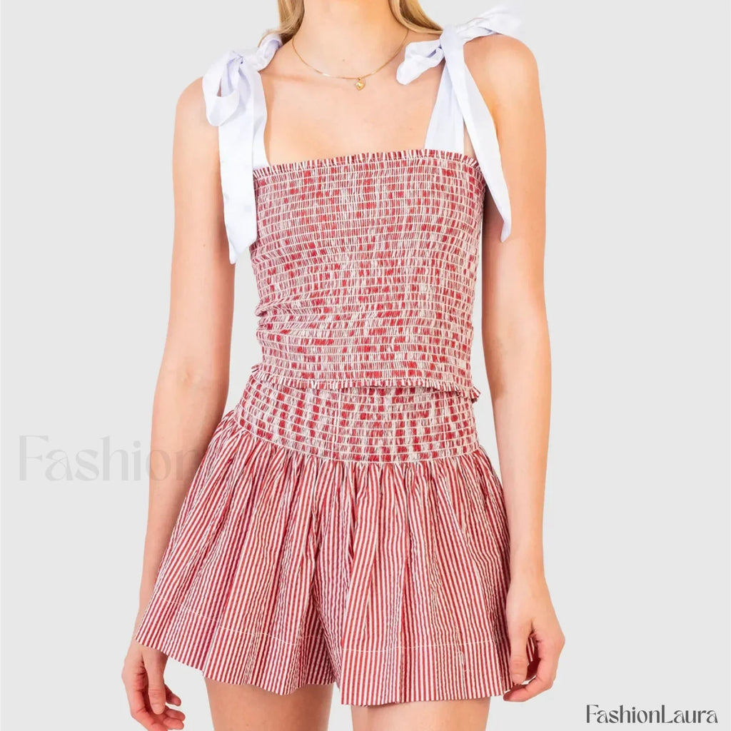 Shirred Tie Shoulder Crop Cami Elastic Waist Shorts Two Piece Set Red / S