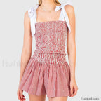 Shirred Tie Shoulder Crop Cami Elastic Waist Shorts Two Piece Set Red / S