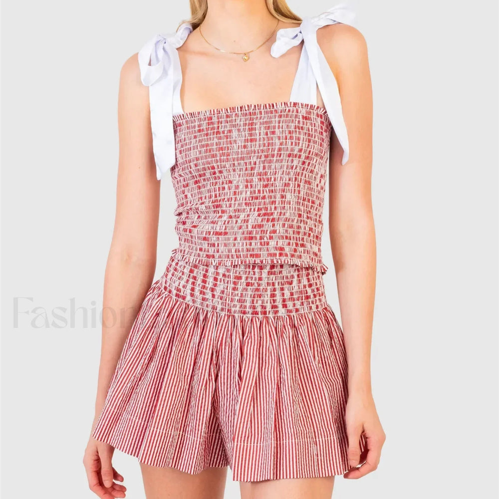 Shirred Tie Shoulder Crop Cami Elastic Waist Shorts Two Piece Set Red / S