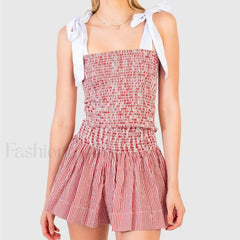 Shirred Tie Shoulder Crop Cami Elastic Waist Shorts Two Piece Set Red / S