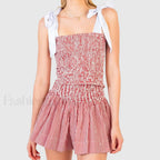 Shirred Tie Shoulder Crop Cami Elastic Waist Shorts Two Piece Set Red / S